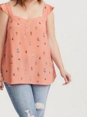 torrid 1x peach cactus print ruffle sleeve henley tank top plus size
